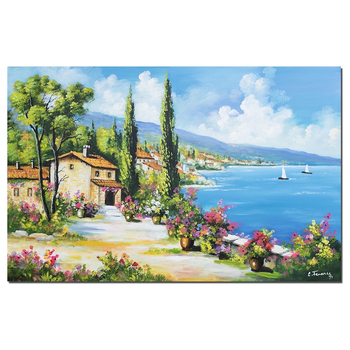Tablou Grecia gigant peisaj mediteranean insorit pictat manual, Zi relaxanta, 120x80cm ulei pe panza, Constantin Feraru