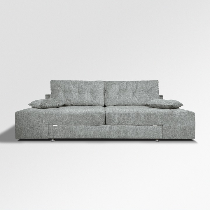 Canapea extensibila Rafael 160, Iza, pat mijloc, saltea Relaxa, lada depozitare, noptiere, perne decorative, culoare gri, stofa fina, 250x105x85