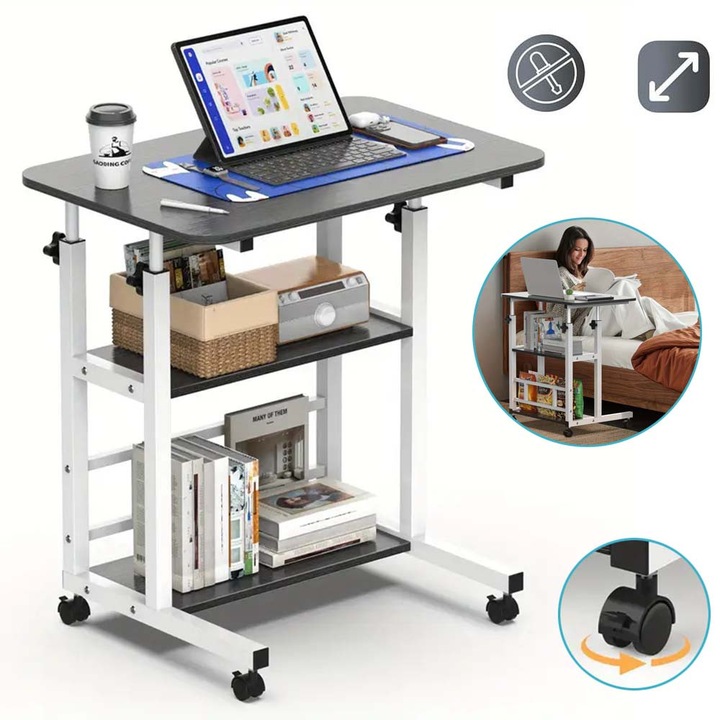 Birou De Lucru Cu Roti, Birou De Calculator Mobil, Masa Portabila Pe Roti Pentru Mers Pe Jos, Birou De Calculator Cu Inaltime Reglabila, Birou De Studiu, 60x40x63-82cm, Statie De Lucru Pentru Jocuri