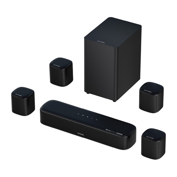 Soundbar 7.1 Ultimea Aura A60 cu Subwoofer si 4 sateliti, Bluetooth 5.3, Telecomanda inclusa, Negru