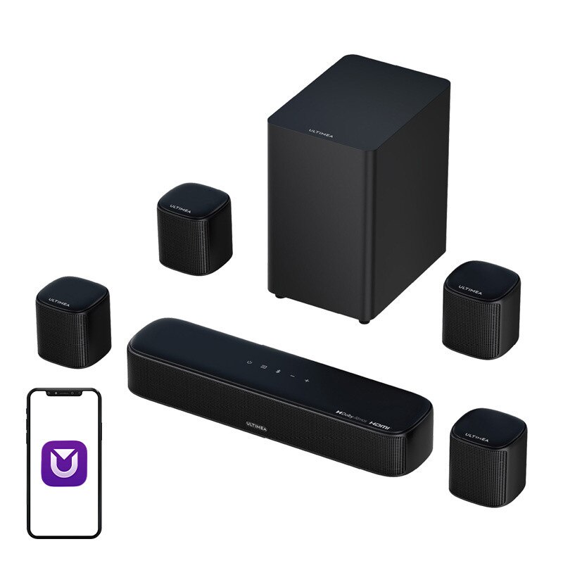 Soundbar 7.1 Ultimea Aura A60 cu Subwoofer si 4 sateliti, Bluetooth 5.3, Telecomanda inclusa, Negru