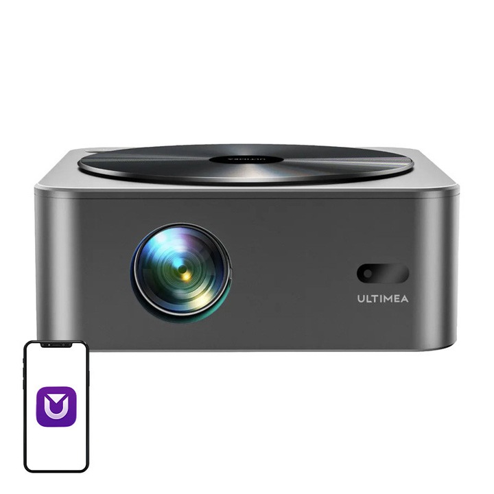 Videoproiector Ultimea Apollo P40, Rezolutie video UHD 1080P, 700 ANSI, Difuzore integrate, WiFi, Bluetooth 5.0, Gri