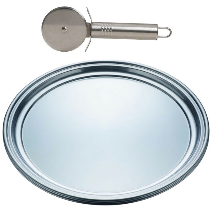Set pentru pizza format din tava rotunda D33 cm si cutit disc 19 cm