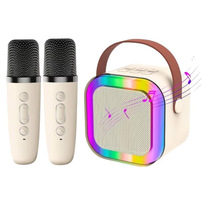 Комплект 2 микрофона за караоке с преносима колона, LED цветове, безжичен, Bluetooth, вокални ефекти, Mp3 - Крем