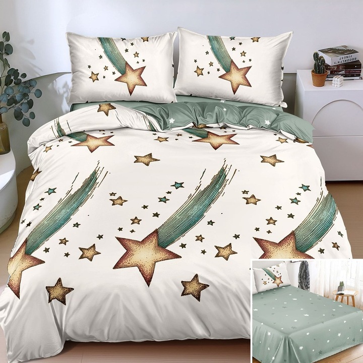 Lenjerie de pat, 2 persoane, bumbac satinat, 4 piese, cu imprimeu, LSN4715