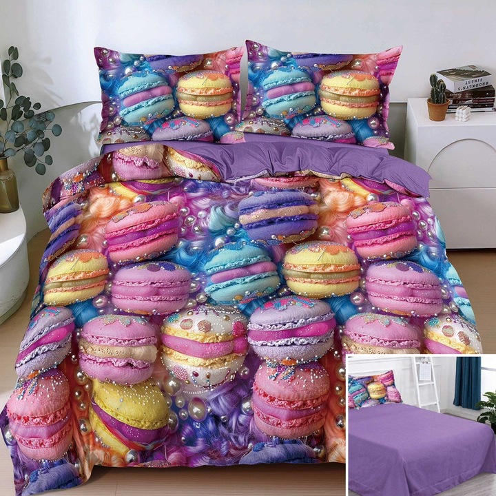 Lenjerie de pat, 2 persoane, bumbac satinat, 4 piese, cu imprimeu, LSN4711