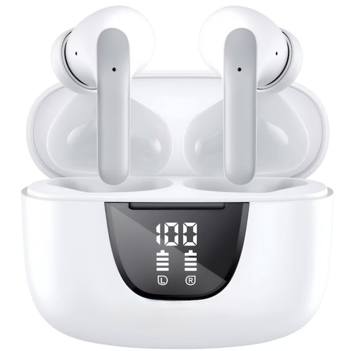 Casti Wireless TWS CerCip S42 cu izolare a zgomotului ENC+ANC, Afisaj digital, Autonomie 40 ore, Sunet Hi-Fi, Control prin Touch, Rezistenta la apa IPX4, Universale, Bluetooth, Culoare Alb
