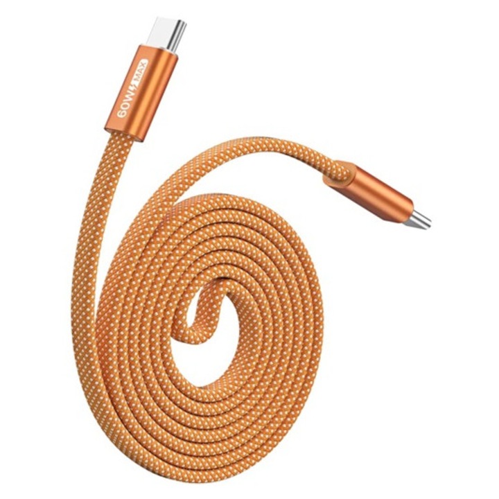 Dux ducis auto adatkábel, type-c - type-c, 60w, pd gyorstöltő 3.0, mágneses, lapos kábel, cipőfűző, 100cm, narancssárga