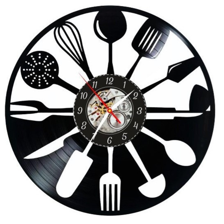 Dekoratív falióra, vintage stílusú, bakelitből (hanglemez), konyhai és főzőeszköz tematikával, fekete, 30 cm
