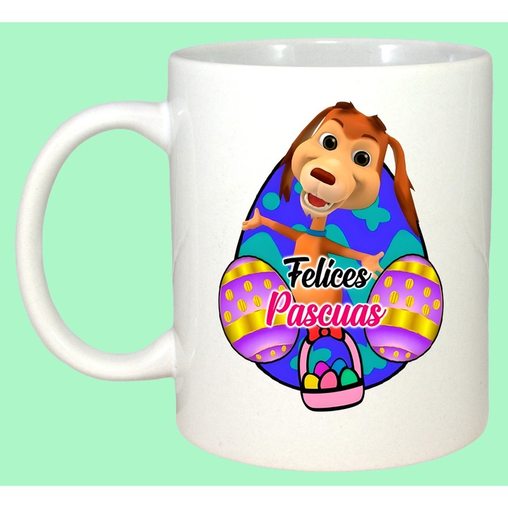 Cana Paste Catel Desen Felices Pascuas Ou Colorat, Cadou, Sarbatori, Cri-Flo, Culoare Alb, 330 ml