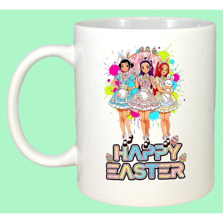 Cana Paste Happy Easter Kpop Girls Colorat Pastel Cute, Cadou, Sarbatori, Cri-Flo, Culoare Alb, 330 ml