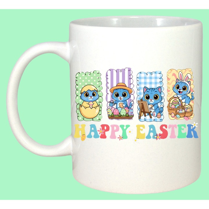Cana Paste Kawaii Animale Happy Easter Pastel Cute, Cadou, Sarbatori, Cri-Flo, Culoare Alb, 330 ml