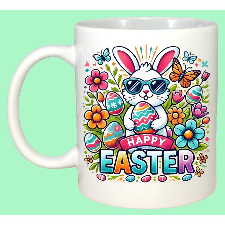 Cana Paste Iepuras Cu Ochelari Flori Happy Easter Colorat, Cadou, Sarbatori, Cri-Flo, Culoare Alb, 330 ml
