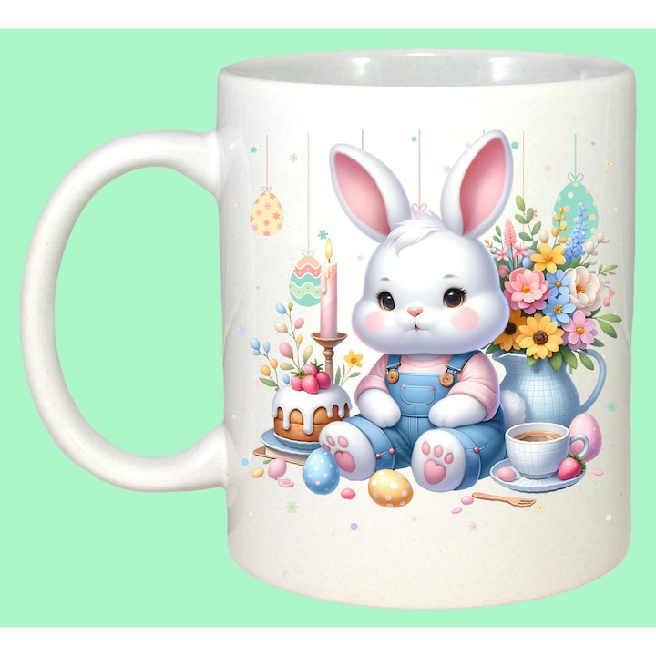 Cana Paste Iepuras Paste Ceasca Oua Colorate Primavara, Cadou, Sarbatori, Cri-Flo, Culoare Alb, 330 ml