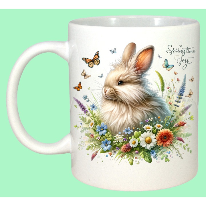 Cana Paste Iepuras Paste Flori Primavara Ilustratie Delicata, Cadou, Sarbatori, Cri-Flo, Culoare Alb, 330 ml