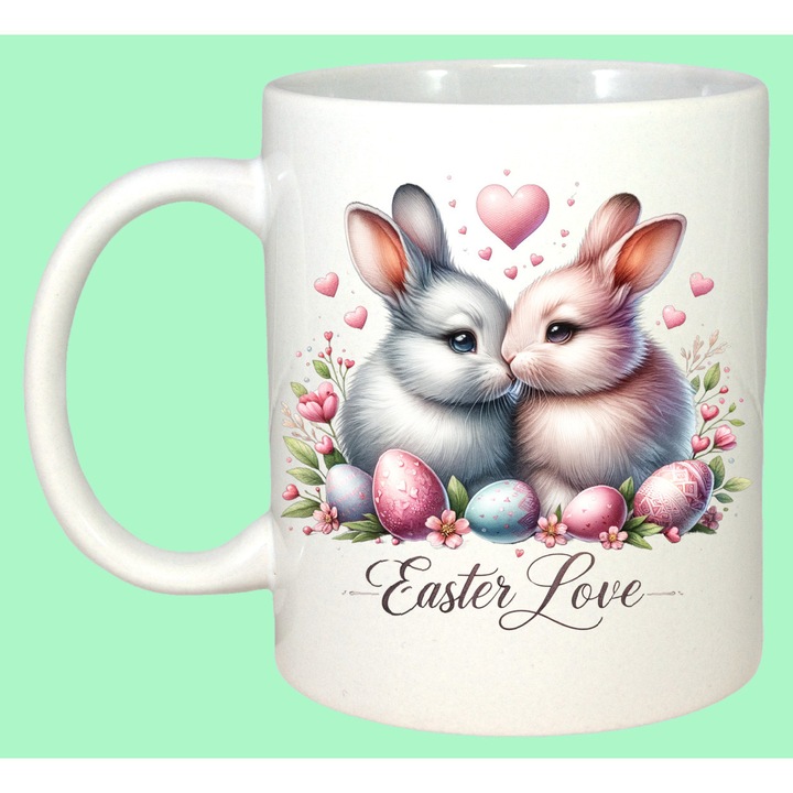 Cana Paste Iepurasi Paste Love Oua Colorate Cuplu, Cadou, Sarbatori, Cri-Flo, Culoare Alb, 330 ml