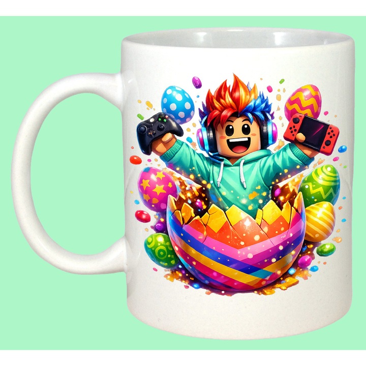 Cana Paste Roblox Gamer Happy Easter Oua Colorate Controler, Cadou, Sarbatori, Cri-Flo, Culoare Alb, 330 ml
