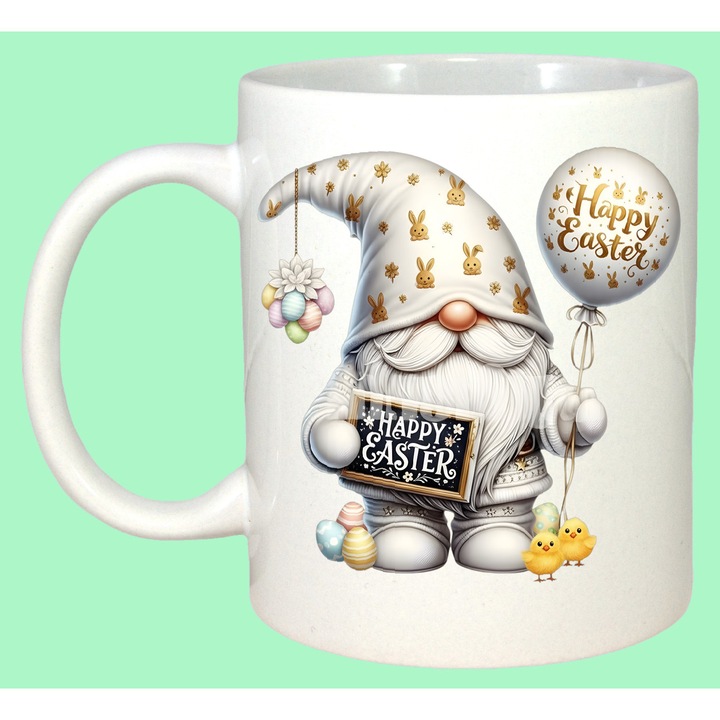 Cana Paste Gnom Easter Cu Balon Si Oua Pastel Elegant, Cadou, Sarbatori, Cri-Flo, Culoare Alb, 330 ml