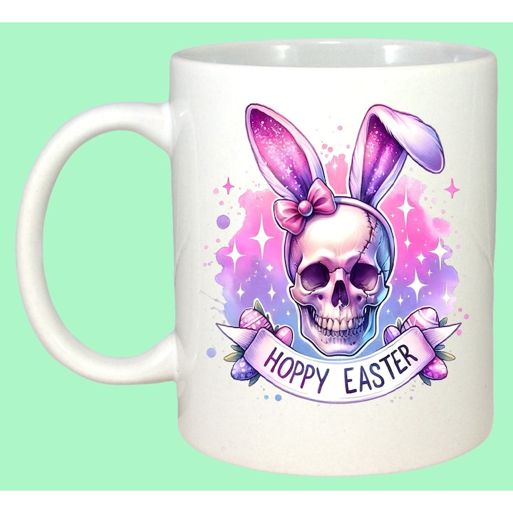 Cana Paste Craniu Iepuras Happy Easter Pastel Gothic Cute, Cadou, Sarbatori, Cri-Flo, Culoare Alb, 330 ml