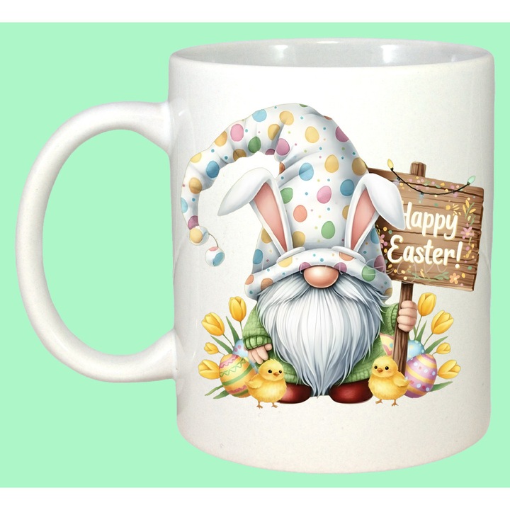 Cana Paste Gnom Cu Placuta Happy Easter Si Oua Colorate, Cadou, Sarbatori, Cri-Flo, Culoare Alb, 330 ml