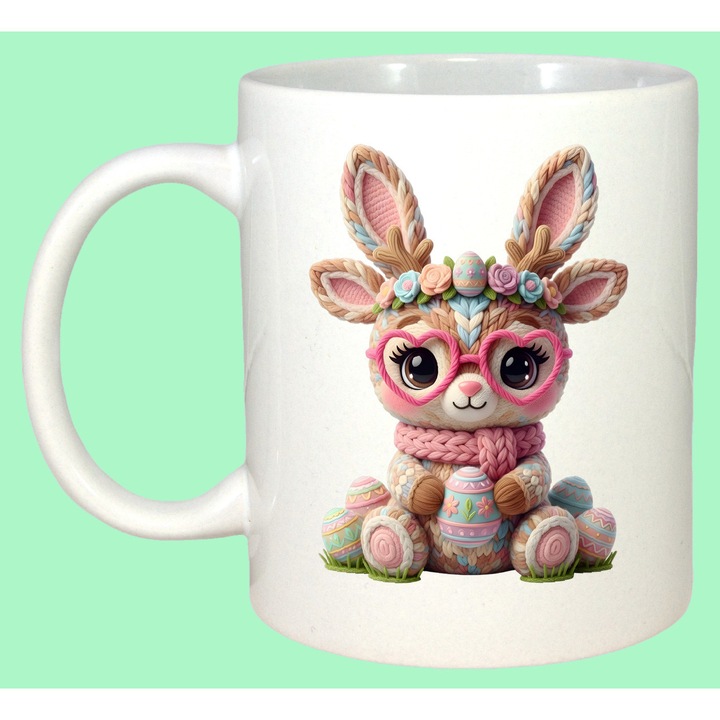 Cana Paste Iepuras Crosetat Pastel Cu Oua Colorate Cute Kawaii, Cadou, Sarbatori, Cri-Flo, Culoare Alb, 330 ml