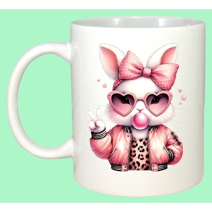 Cana Paste Iepuras Fashion Ochelari Inimioare Cute Girly, Cadou, Sarbatori, Cri-Flo, Culoare Alb, 330 ml