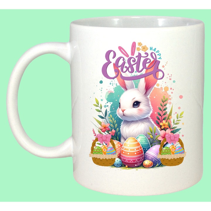 Cana Paste Iepuras Paste Cos Oua Colorate Pastel Happy, Cadou, Sarbatori, Cri-Flo, Culoare Alb, 330 ml