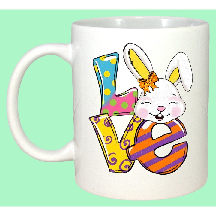 Cana Paste Text Love Cu Iepuras Si Oua Pastel Cute, Cadou, Sarbatori, Cri-Flo, Culoare Alb, 330 ml