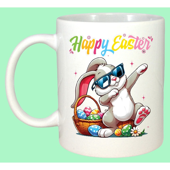 Cana Paste Iepuras Cool Ochelari Cos Oua Happy Easter, Cadou, Sarbatori, Cri-Flo, Culoare Alb, 330 ml