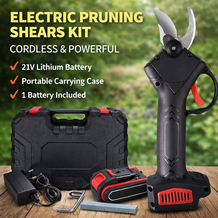 Foarfeca electrica de gradina/pentru crengi/vita de vie, Fara Fir/Portabila, 1 x Baterie Li-Ion 21 V, Timp de functionare 8-10h, Lame de taiere din otel inoxidabil 25-30 mm, Taiere precisa, Dimensiuni 25x9.5x5 cm, Calitate Premium, Culoare Negru/Rosu
