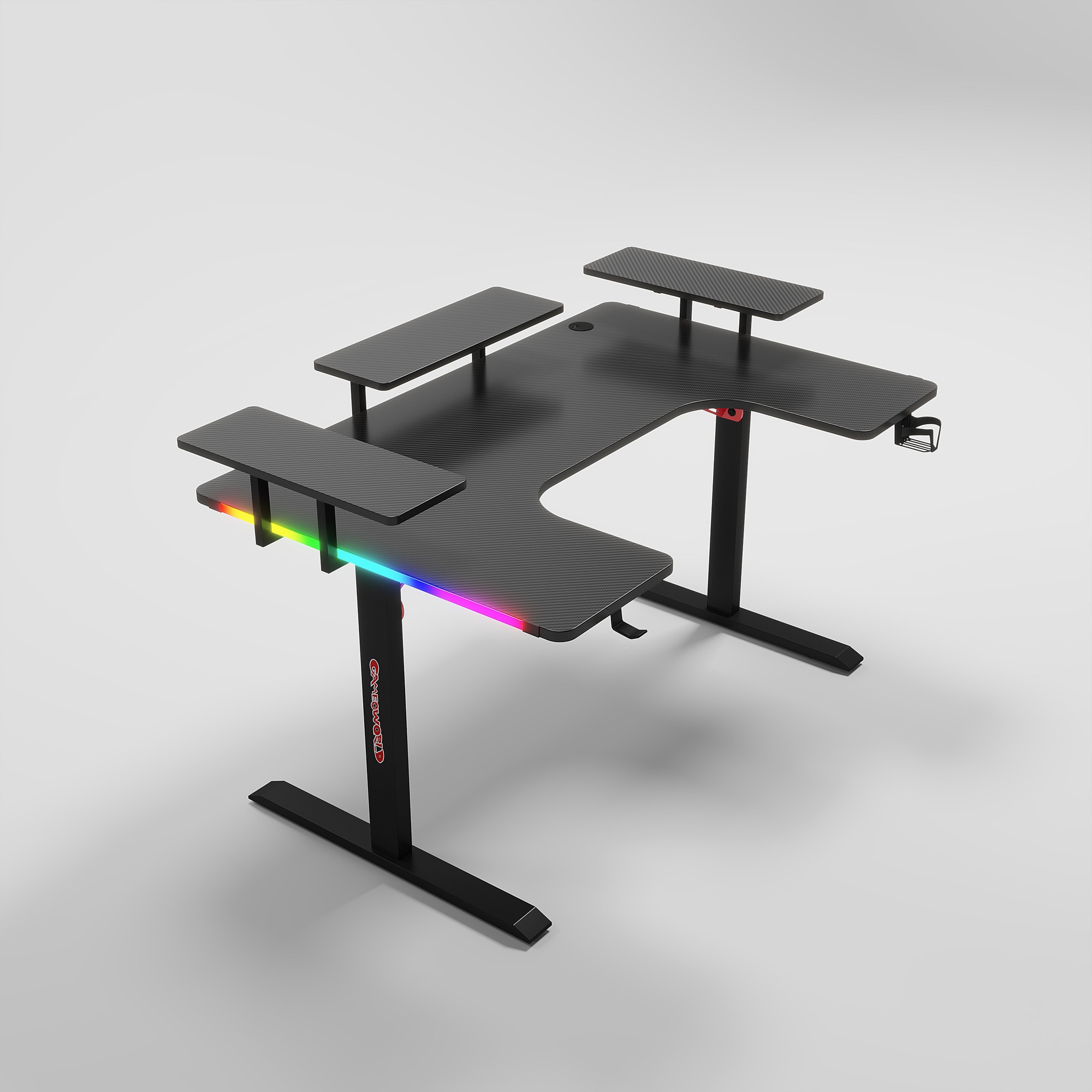 Birou Gaming RGB QOVA®, 160cm, Design L-Shape cu Etajere, Masa cu Blat ...
