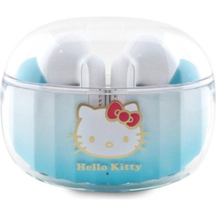 Casti wireless Hello Kitty TWS, design ergonomic, culoare albastra gradient, cu statie de incarcare