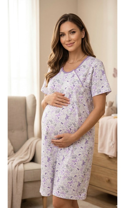 Camasa de Noapte pentru Gravide bumbac, deschidere pentru Alaptare alb/mov 3334 15004, Multicolor