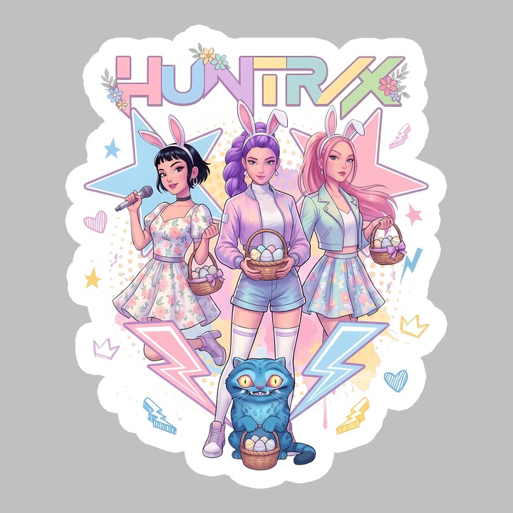 Sticker Paste Huntrix Kpop Easter Grup Anime Pastel Cute, Autoadeziv, Cri-Flo, dimensiune 6 cm
