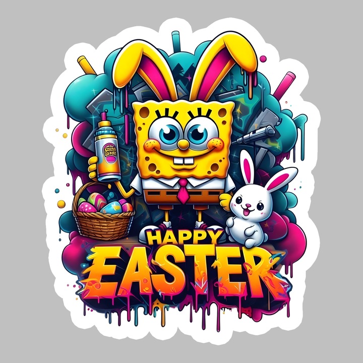 Sticker Paste Spongebob Squarepants Paste Happy Easter Oua Cos, Autoadeziv, Cri-Flo, dimensiune 6 cm