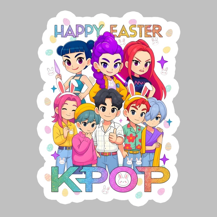 Sticker Paste Happy Easter Kpop Grup Anime Colorat, Autoadeziv, Cri-Flo, dimensiune 10 cm