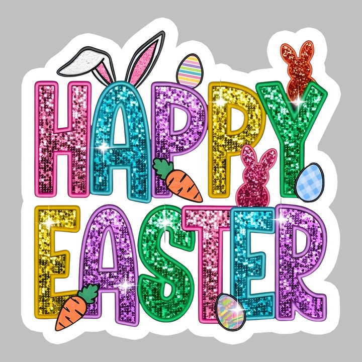 Sticker Paste Happy Easter Text Colorat Glitter Decor, Autoadeziv, Cri-Flo, dimensiune 6 cm