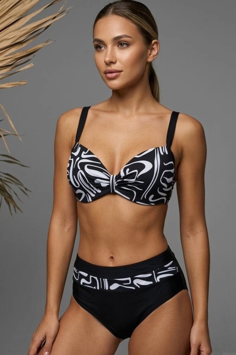 Costum de Baie Elegant din Doua Piese, Talie Inalta si Imprimeu Abstract Alb-Negru y9102 14903, Negru
