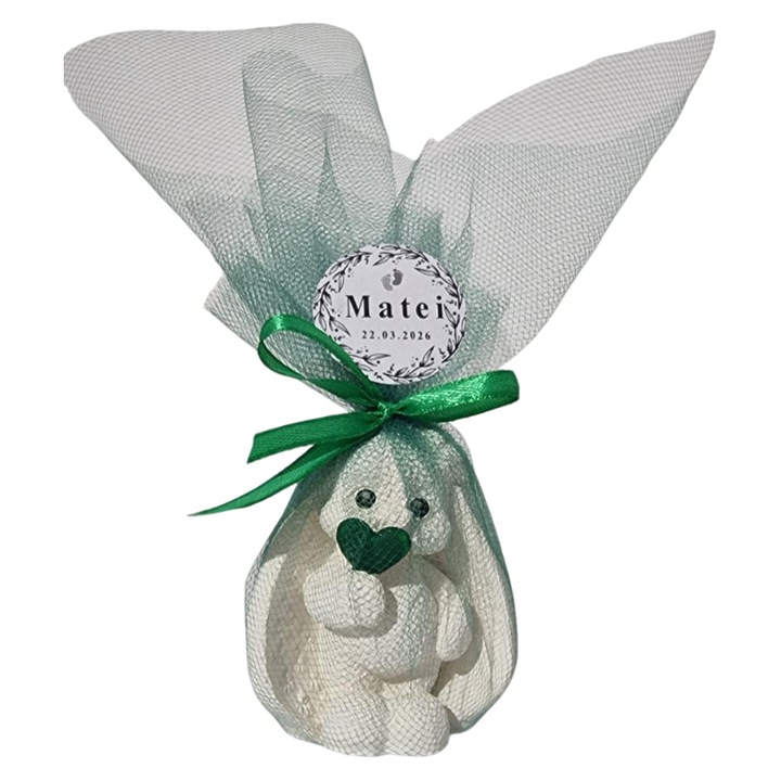 Marturie botez din ipsos in forma de iepuras, 8 cm, verde