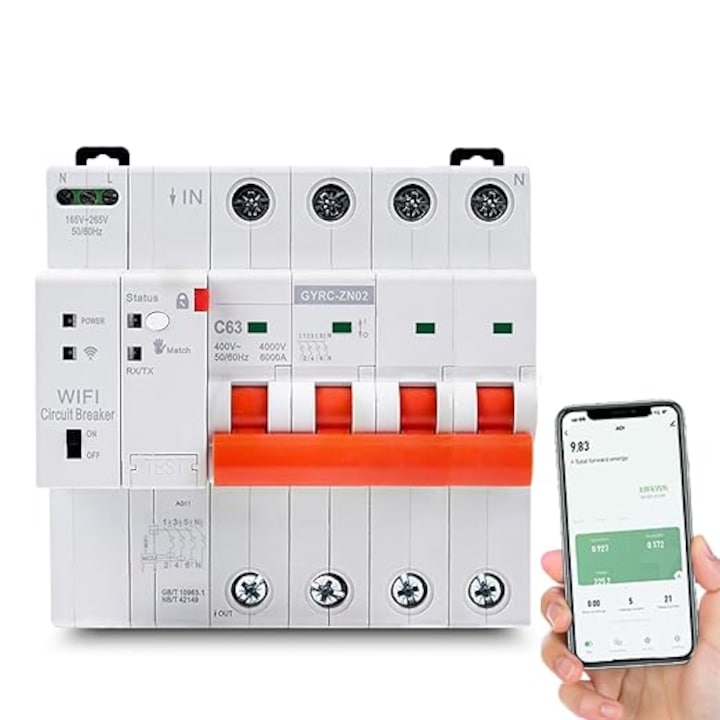 Siguranta Automata Inteligenta WiFi Tuya 63A, 4P, Control prin Aplicatie, Protectie Suprasarcina, Supratensiune si Scurtcircuit, Montaj DIN