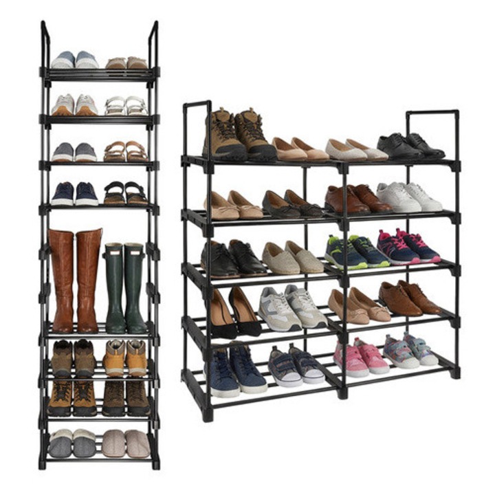 Raft pantofi RUHHY 10 niveluri, 20 perechi, 45x30x174 cm, cadru metalic, sarcina 50 kg, negru, organizator incaltaminte cu raft papuci