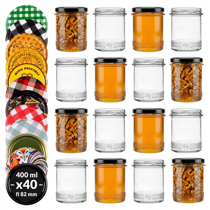 Set Borcane Din Sticla Cu Capace, SuperButelki, 400 ml, Inchidere Etansa, Compatibile Cu Masina De Spalat Vase, Ideale Pentru Conserve De Casa, Castraveti, Ardei, Gemuri, Miere, Design Decorativ Si Clasic, 10.5 x 10.5 cm, Transparente, 40 Buc