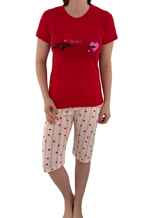 Set pijamale dama, Asma, bluza maneca scurta si pantaloni 3/4, rosu, bumbac