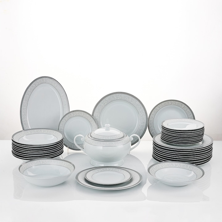 Serviciu de Masa 12 Persoane Royal Medallion din Portelan Premium, 40 piese, Design Floral cu Bordura Geometrica Argintie