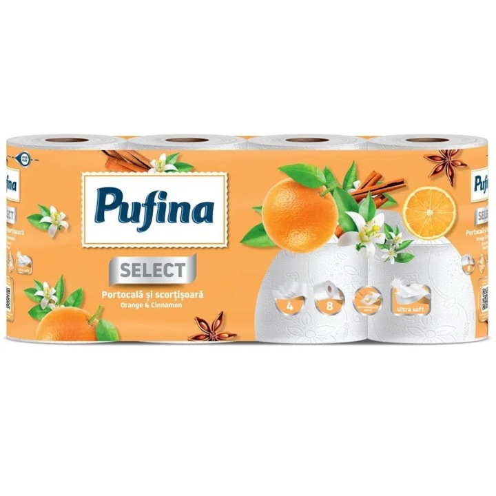 Set 3 x Hartie Igienica Pufina Select, Portocala si Scortisoara, 4 Straturi, 8 Role