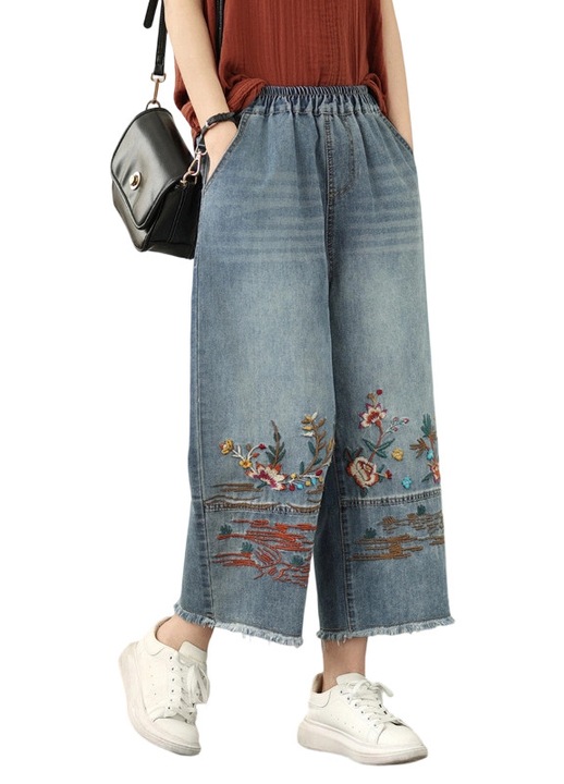 Blugi dama, talie elastica, picior larg, broderie, poliester
