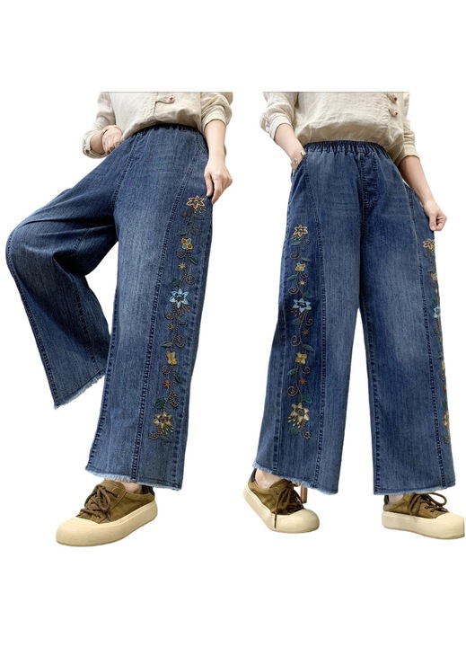 Blugi dama, stil etnic, aspect vintage uzat, poliester