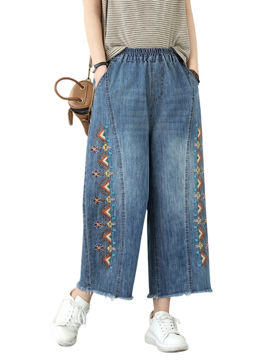 Blugi dama, stil etnic, picior larg, albastru, poliester