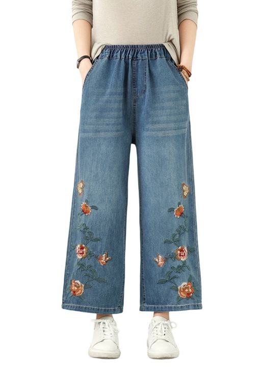 Blugi dama, talie elastica, croiala larga, poliester, albastru