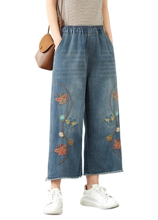 Blugi dama, crop, brodati, talie elastica, picior larg, poliester